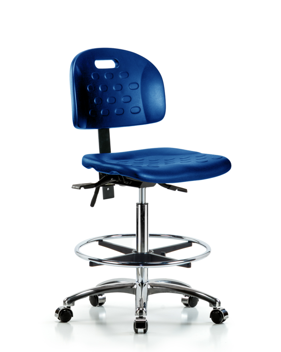 Blue Ridge Ergonomics HPHBCH-CR-T0-A0-CF-CC-BLU Newport Industrial Polyurethane Chair Chrome - High Bench Height with Chrome Foot Ring & Casters in Blue Polyurethane