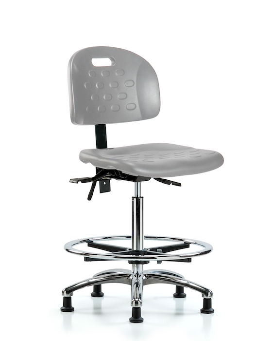 Blue Ridge Ergonomics HPHBCH-CR-T0-A0-CF-RG-GRY Newport Industrial Polyurethane Chair Chrome - High Bench Height with Chrome Foot Ring & Stationary Glides in Gray Polyurethane