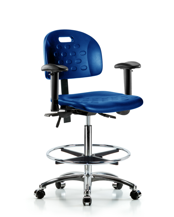 Blue Ridge Ergonomics HPHBCH-CR-T0-A1-CF-CC-BLU Newport Industrial Polyurethane Chair Chrome - High Bench Height with Adjustable Arms, Chrome Foot Ring, & Casters in Blue Polyurethane
