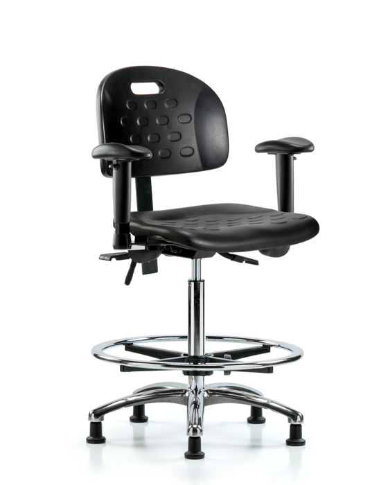 Blue Ridge Ergonomics HPHBCH-CR-T0-A1-CF-RG-BLK Newport Industrial Polyurethane Chair Chrome - High Bench Height with Adjustable Arms, Chrome Foot Ring, & Stationary Glides in Black Polyurethane