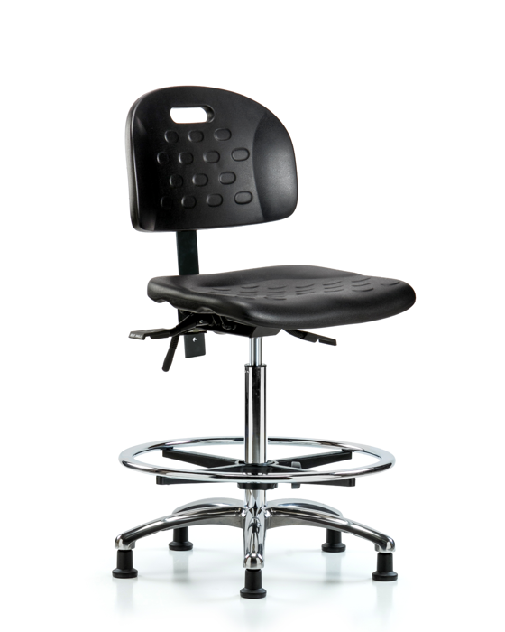 Blue Ridge Ergonomics HPHBCH-CR-T1-A0-CF-RG-BLK Newport Industrial Polyurethane Chair Chrome - High Bench Height with Seat Tilt, Chrome Foot Ring, & Stationary Glides in Black Polyurethane