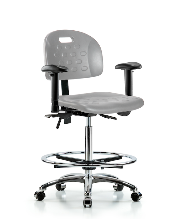 Blue Ridge Ergonomics HPHBCH-CR-T1-A1-CF-CC-GRY Newport Industrial Polyurethane Chair Chrome - High Bench Height with Seat Tilt, Adjustable Arms, Chrome Foot Ring, & Casters in Gray Polyurethane