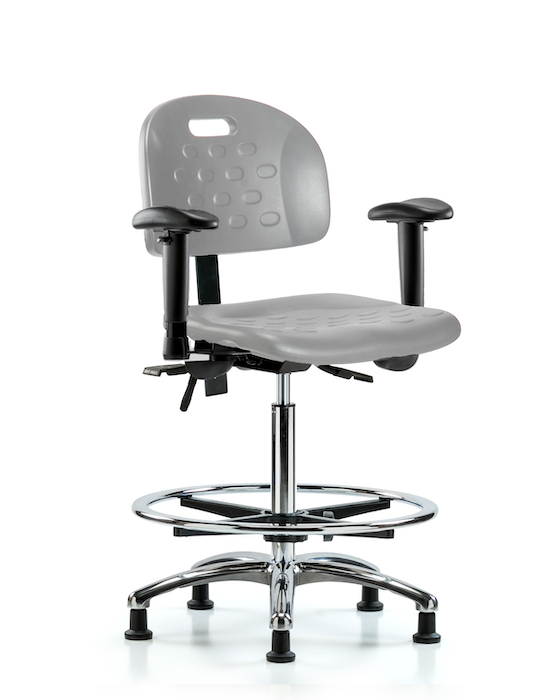 Blue Ridge Ergonomics HPHBCH-CR-T1-A1-CF-RG-GRY Newport Industrial Polyurethane Chair Chrome - High Bench Height with Seat Tilt, Adjustable Arms, Chrome Foot Ring, & Stationary Glides in Gray Polyurethane