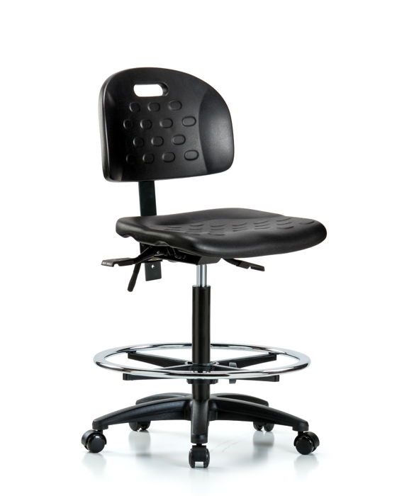 Blue Ridge Ergonomics HPHBCH-RG-T0-A0-CF-RC-BLK Newport Industrial Polyurethane Chair - High Bench Height with Chrome Foot Ring & Casters in Black Polyurethane