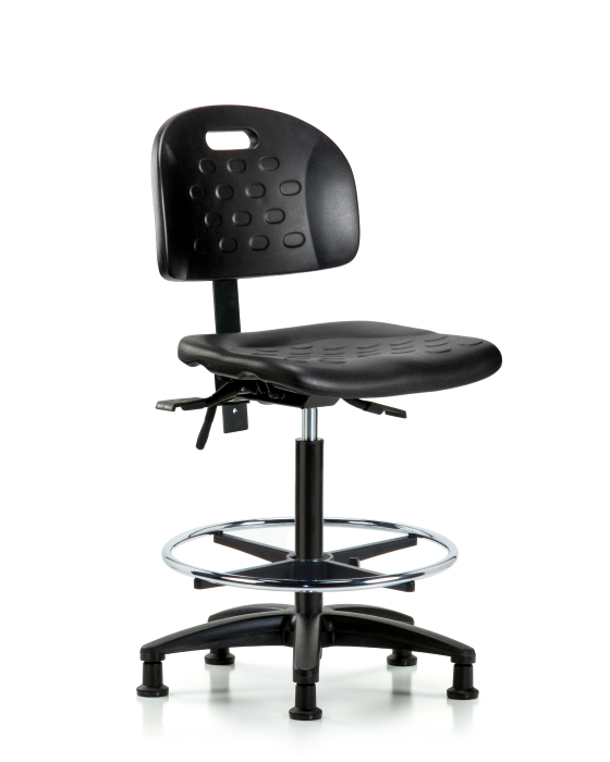 Blue Ridge Ergonomics HPHBCH-RG-T0-A0-CF-RG-BLK Newport Industrial Polyurethane Chair - High Bench Height with Chrome Foot Ring & Stationary Glides in Black Polyurethane