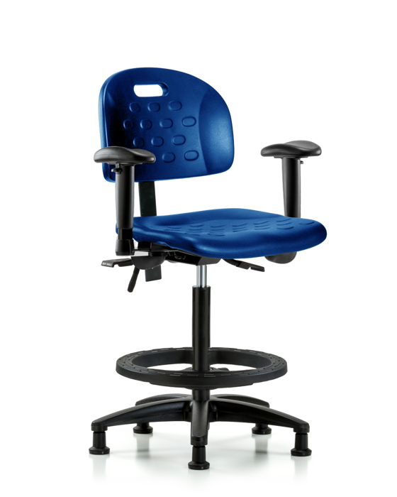 Blue Ridge Ergonomics HPHBCH-RG-T0-A1-BF-RG-BLU Newport Industrial Polyurethane Chair - High Bench Height with Adjustable Arms, Black Foot Ring, & Stationary Glides in Blue Polyurethane