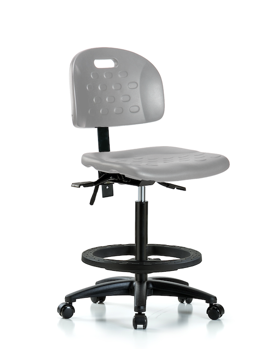 Blue Ridge Ergonomics HPHBCH-RG-T1-A0-BF-RC-GRY Newport Industrial Polyurethane Chair - High Bench Height with Seat Tilt, Black Foot Ring, & Casters in Gray Polyurethane