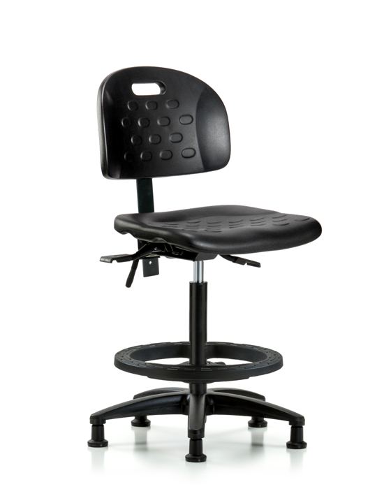 Blue Ridge Ergonomics HPHBCH-RG-T1-A0-BF-RG-BLK Newport Industrial Polyurethane Chair - High Bench Height with Seat Tilt, Black Foot Ring, & Stationary Glides in Black Polyurethane