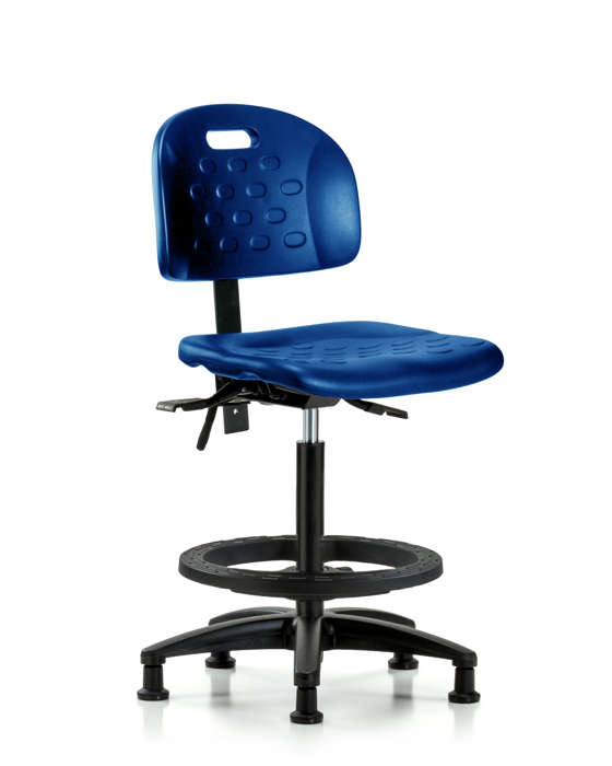 Blue Ridge Ergonomics HPHBCH-RG-T1-A0-BF-RG-BLU Newport Industrial Polyurethane Chair - High Bench Height with Seat Tilt, Black Foot Ring, & Stationary Glides in Blue Polyurethane