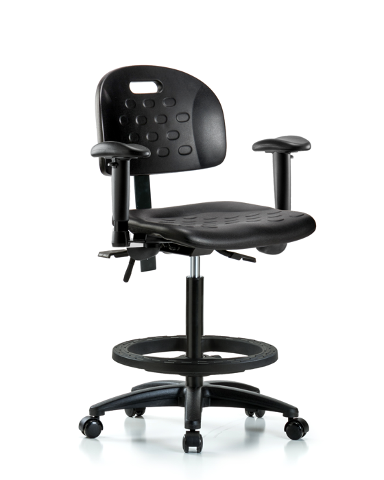 Blue Ridge Ergonomics HPHBCH-RG-T1-A1-BF-RC-BLK Newport Industrial Polyurethane Chair - High Bench Height with Seat Tilt, Adjustable Arms, Black Foot Ring, & Casters in Black Polyurethane