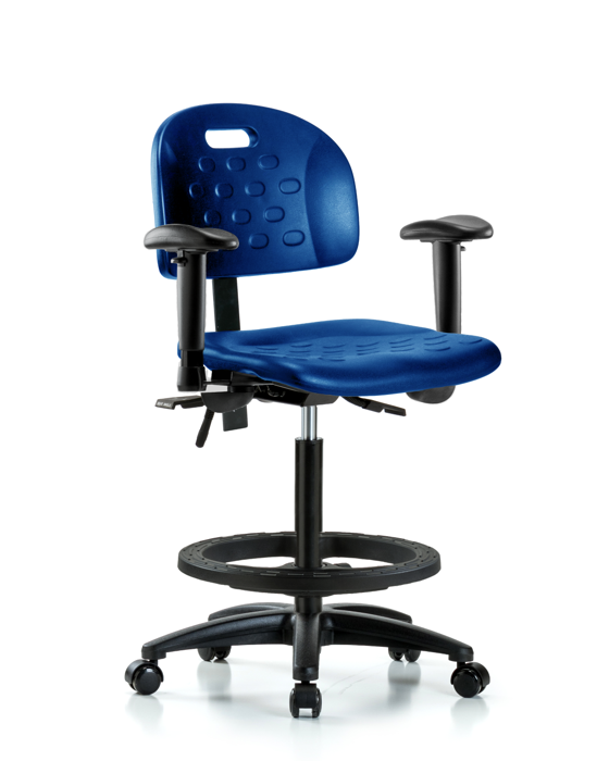 Blue Ridge Ergonomics HPHBCH-RG-T1-A1-BF-RC-BLU Newport Industrial Polyurethane Chair - High Bench Height with Seat Tilt, Adjustable Arms, Black Foot Ring, & Casters in Blue Polyurethane