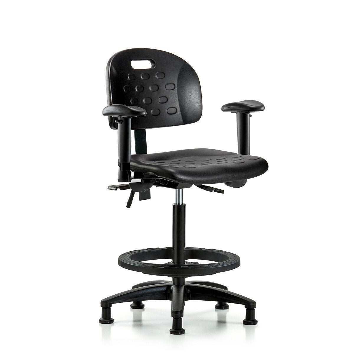 Blue Ridge Ergonomics HPHBCH-RG-T1-A1-BF-RG-BLK Newport Industrial Polyurethane Chair - High Bench Height with Seat Tilt, Adjustable Arms, Black Foot Ring, & Stationary Glides in Black Polyurethane