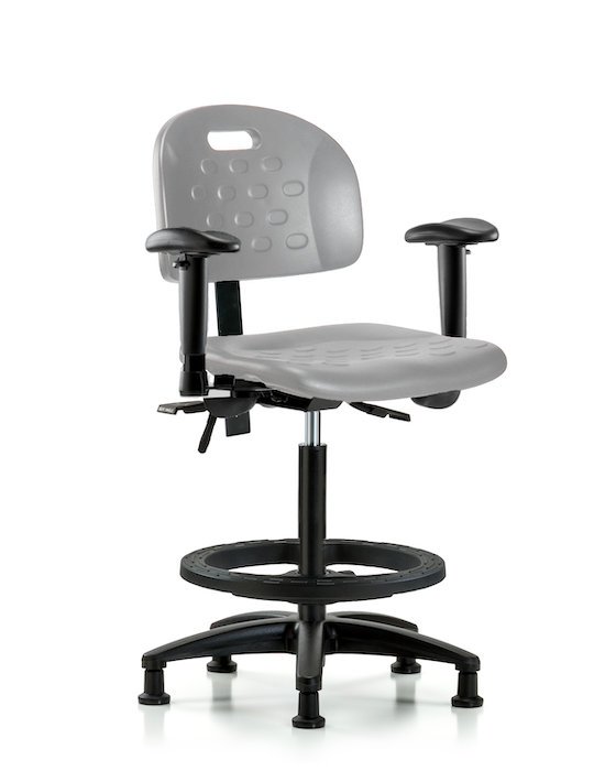 Blue Ridge Ergonomics HPHBCH-RG-T1-A1-BF-RG-GRY Newport Industrial Polyurethane Chair - High Bench Height with Seat Tilt, Adjustable Arms, Black Foot Ring, & Stationary Glides in Gray Polyurethane