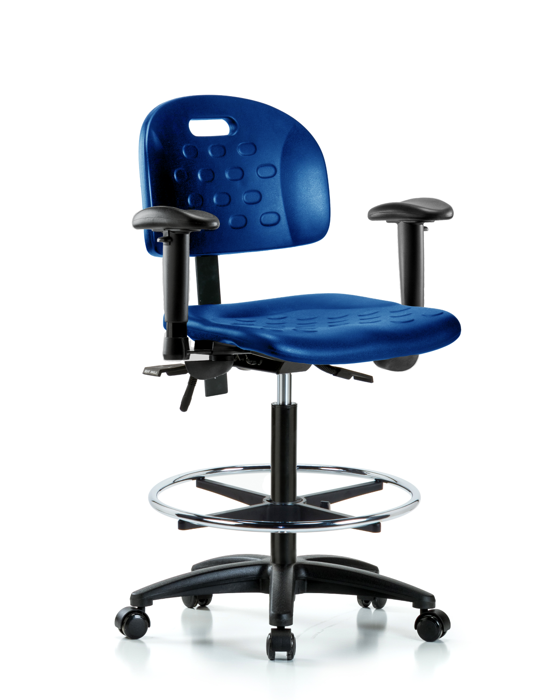 Blue Ridge Ergonomics HPHBCH-RG-T1-A1-CF-RC-BLU Newport Industrial Polyurethane Chair - High Bench Height with Seat Tilt, Adjustable Arms, Chrome Foot Ring, & Casters in Blue Polyurethane