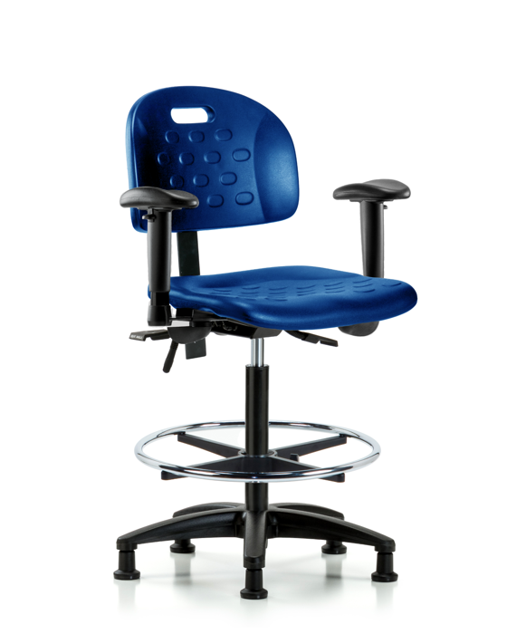 Blue Ridge Ergonomics HPHBCH-RG-T1-A1-CF-RG-BLU Newport Industrial Polyurethane Chair - High Bench Height with Seat Tilt, Adjustable Arms, Chrome Foot Ring, & Stationary Glides in Blue Polyurethane