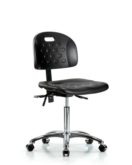 Blue Ridge Ergonomics HPMBCH-CR-T0-A0-NF-CC-BLK Newport Industrial Polyurethane Chair Chrome - Medium Bench Height with Casters in Black Polyurethane