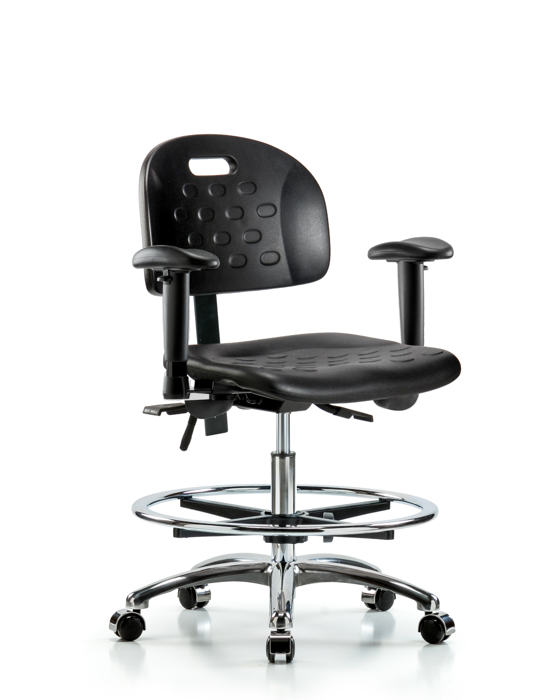 Blue Ridge Ergonomics HPMBCH-CR-T0-A1-CF-CC-BLK Newport Industrial Polyurethane Chair Chrome - Medium Bench Height with Adjustable Arms, Chrome Foot Ring, & Casters in Black Polyurethane