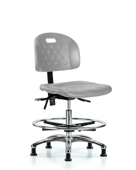 Blue Ridge Ergonomics HPMBCH-CR-T1-A0-CF-RG-GRY Newport Industrial Polyurethane Chair Chrome - Medium Bench Height with Seat Tilt, Chrome Foot Ring, & Stationary Glides in Gray Polyurethane