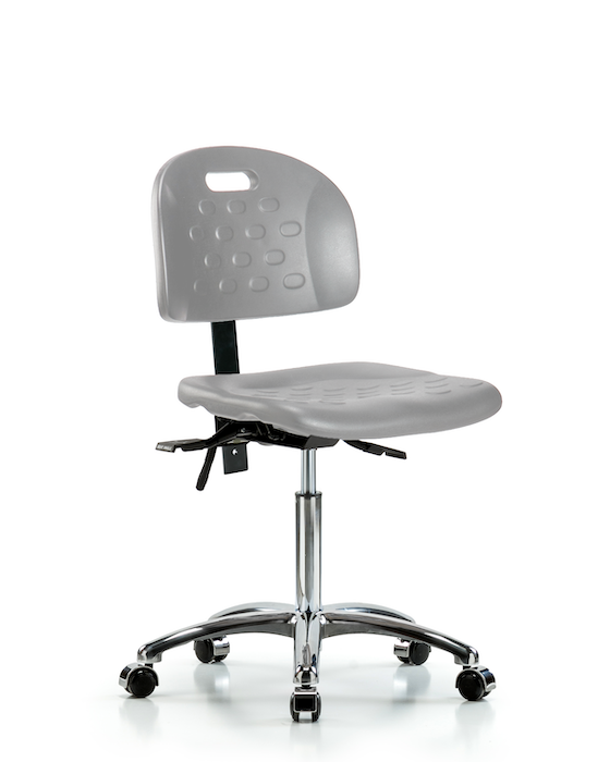 Blue Ridge Ergonomics HPMBCH-CR-T1-A0-NF-CC-GRY Newport Industrial Polyurethane Chair Chrome - Medium Bench Height with Seat Tilt & Casters in Gray Polyurethane