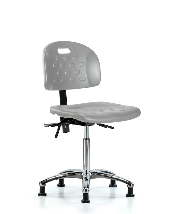 Blue Ridge Ergonomics HPMBCH-CR-T1-A0-NF-RG-GRY Newport Industrial Polyurethane Chair Chrome - Medium Bench Height with Seat Tilt & Stationary Glides in Gray Polyurethane