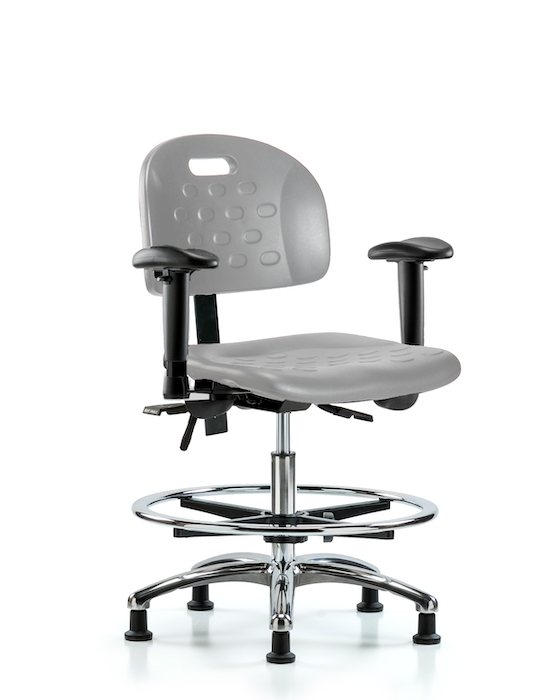Blue Ridge Ergonomics HPMBCH-CR-T1-A1-CF-RG-GRY Newport Industrial Polyurethane Chair Chrome - Medium Bench Height with Seat Tilt, Adjustable Arms, Chrome Foot Ring, & Stationary Glides in Gray Polyurethane