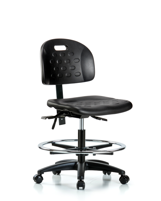 Blue Ridge Ergonomics HPMBCH-RG-T0-A0-CF-RC-BLK Newport Industrial Polyurethane Chair - Medium Bench Height with Chrome Foot Ring & Casters in Black Polyurethane