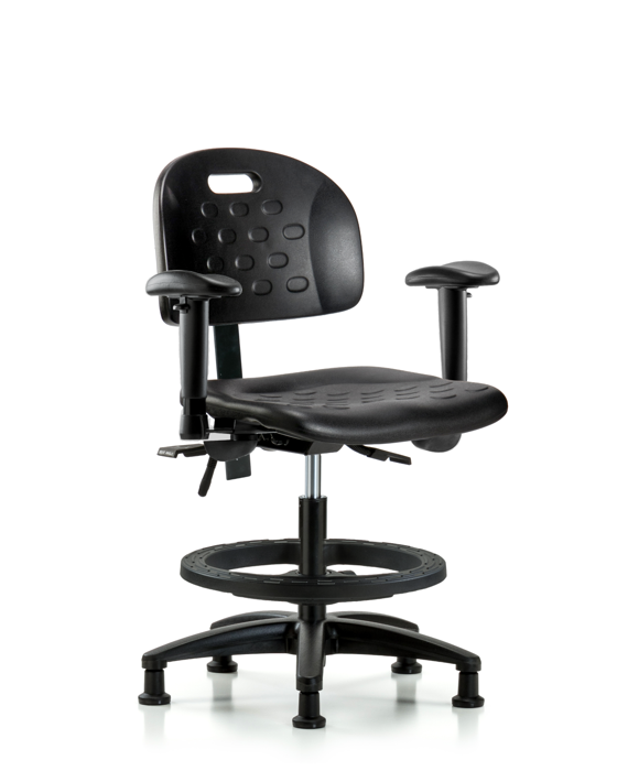 Blue Ridge Ergonomics HPMBCH-RG-T0-A1-BF-RG-BLK Newport Industrial Polyurethane Chair - Medium Bench Height with Adjustable Arms, Black Foot Ring, & Stationary Glides in Black Polyurethane