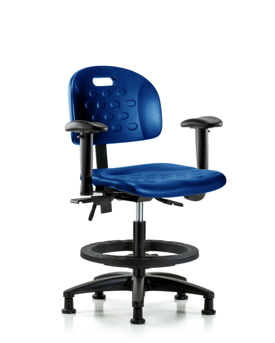 Blue Ridge Ergonomics HPMBCH-RG-T0-A1-BF-RG-BLU Newport Industrial Polyurethane Chair - Medium Bench Height with Adjustable Arms, Black Foot Ring, & Stationary Glides in Blue Polyurethane
