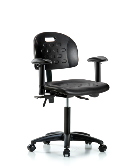 Blue Ridge Ergonomics HPMBCH-RG-T0-A1-NF-RC-BLK Newport Industrial Polyurethane Chair - Medium Bench Height with Adjustable Arms & Casters in Black Polyurethane