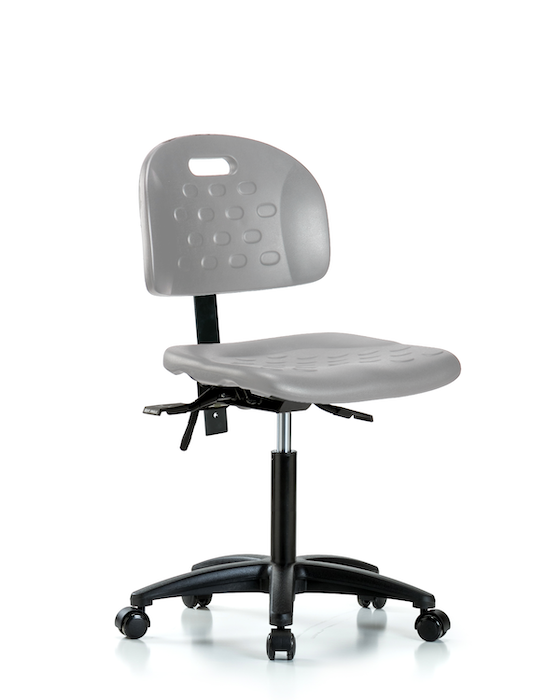 Blue Ridge Ergonomics HPMBCH-RG-T1-A0-NF-RC-GRY Newport Industrial Polyurethane Chair - Medium Bench Height with Seat Tilt & Casters in Gray Polyurethane