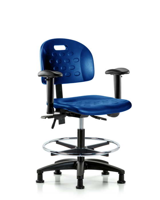 Blue Ridge Ergonomics HPMBCH-RG-T1-A1-CF-RG-BLU Newport Industrial Polyurethane Chair - Medium Bench Height with Seat Tilt, Adjustable Arms, Chrome Foot Ring, & Stationary Glides in Blue Polyurethane