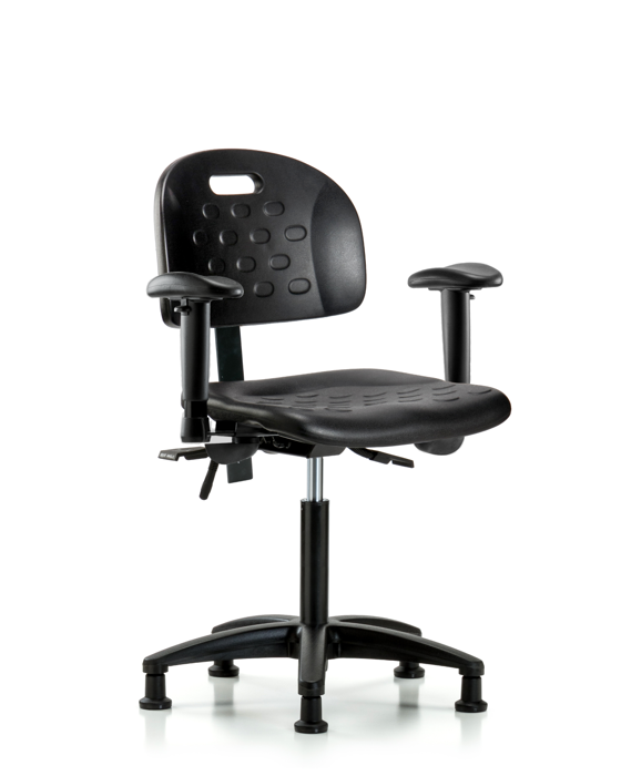 Blue Ridge Ergonomics HPMBCH-RG-T1-A1-NF-RG-BLK Newport Industrial Polyurethane Chair - Medium Bench Height with Seat Tilt, Adjustable Arms, & Stationary Glides in Black Polyurethane