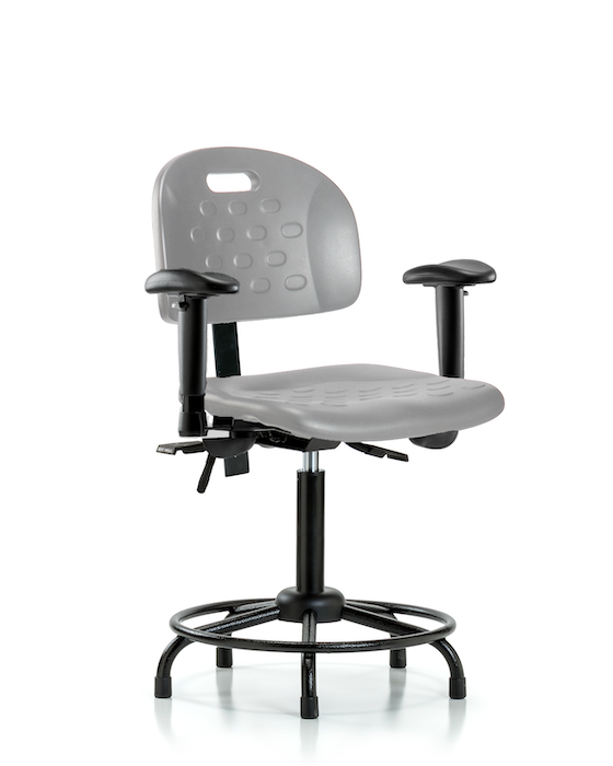 Blue Ridge Ergonomics HPMBCH-RT-T0-A1-RG-GRY Newport Industrial Polyurethane Chair with Round Tube Base - Medium Bench Height with Adjustable Arms & Stationary Glides in Gray Polyurethane