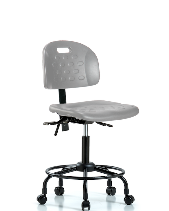 Blue Ridge Ergonomics HPMBCH-RT-T1-A0-RC-GRY Newport Industrial Polyurethane Chair with Round Tube Base - Medium Bench Height with Seat Tilt & Casters in Gray Polyurethane