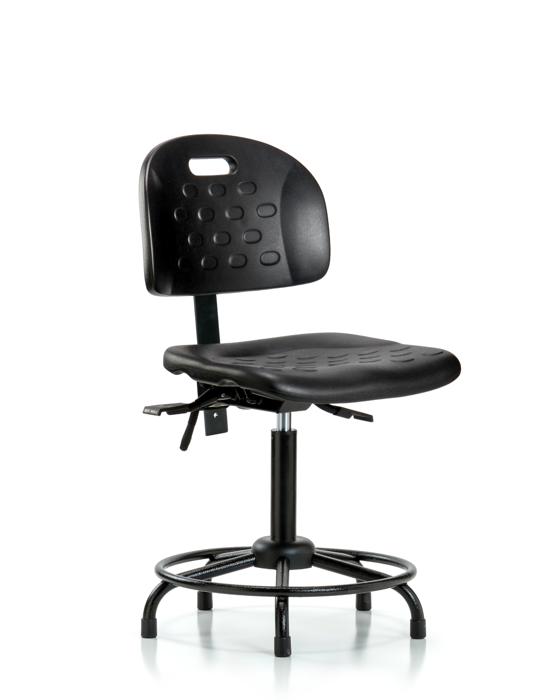 Blue Ridge Ergonomics HPMBCH-RT-T1-A0-RG-BLK Newport Industrial Polyurethane Chair with Round Tube Base - Medium Bench Height with Seat Tilt & Stationary Glides in Black Polyurethane