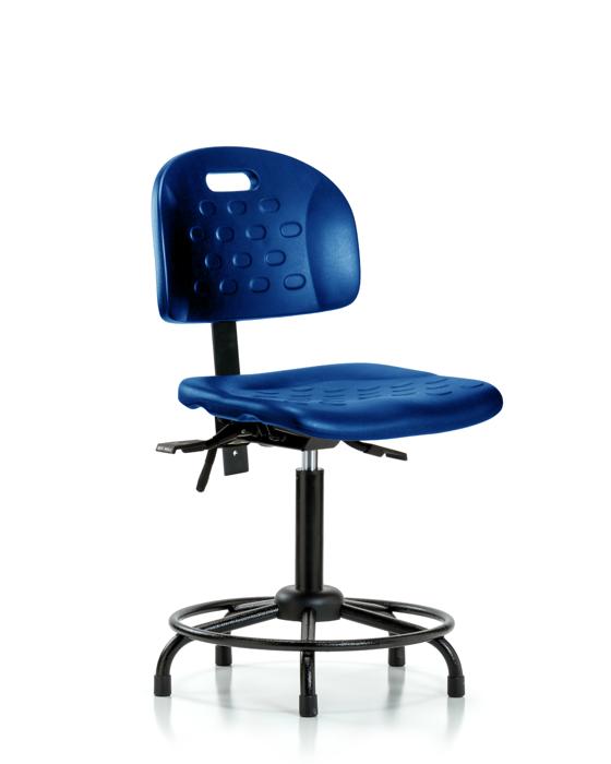 Blue Ridge Ergonomics HPMBCH-RT-T1-A0-RG-BLU Newport Industrial Polyurethane Chair with Round Tube Base - Medium Bench Height with Seat Tilt & Stationary Glides in Blue Polyurethane