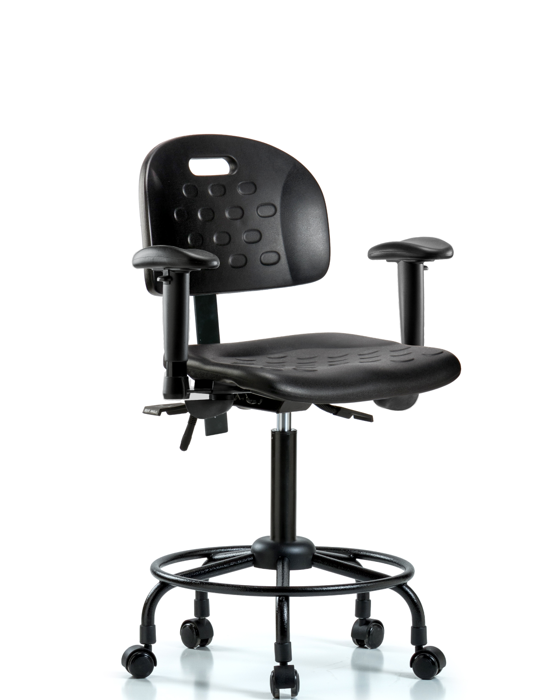 Blue Ridge Ergonomics HPMBCH-RT-T1-A1-RC-BLK Newport Industrial Polyurethane Chair with Round Tube Base - Medium Bench Height with Seat Tilt, Adjustable Arms, & Casters in Black Polyurethane
