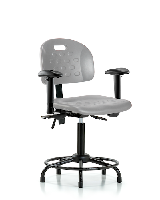 Blue Ridge Ergonomics HPMBCH-RT-T1-A1-RG-GRY Newport Industrial Polyurethane Chair with Round Tube Base - Medium Bench Height with Seat Tilt, Adjustable Arms, & Stationary Glides in Gray Polyurethane