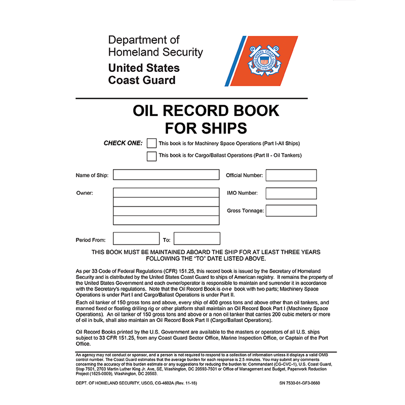 Paradise Clay IHP_OIL Oil Record Book for Ships - USCG And US Secretary Of Transportation - Book