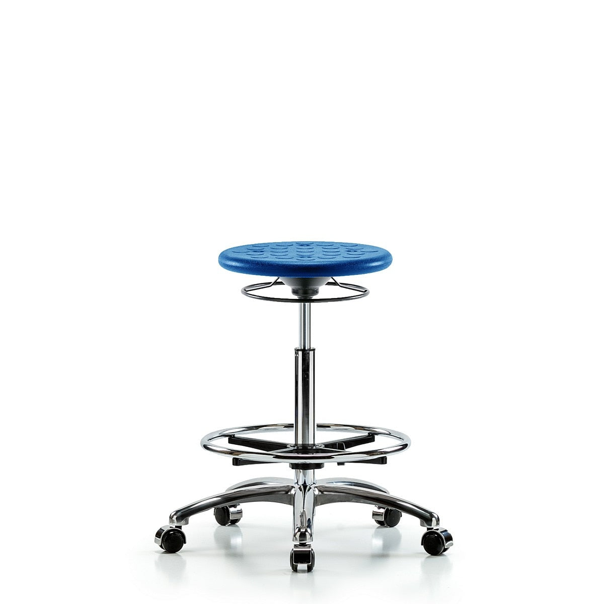 Blue Ridge Ergonomics IPHBSO-CR-CF-CC-BLU Huron Polyurethane Stool Chrome - High Bench Height with Chrome Foot Ring & Casters in Blue Polyurethane