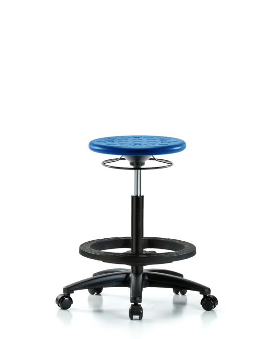 Blue Ridge Ergonomics IPHBSO-RG-BF-RC-BLU Huron Polyurethane Stool - High Bench Height with Black Foot Ring & Casters in Blue Polyurethane