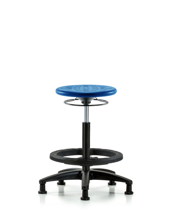 Blue Ridge Ergonomics IPHBSO-RG-BF-RG-BLU Huron Polyurethane Stool - High Bench Height with Black Foot Ring & Stationary Glides in Blue Polyurethane