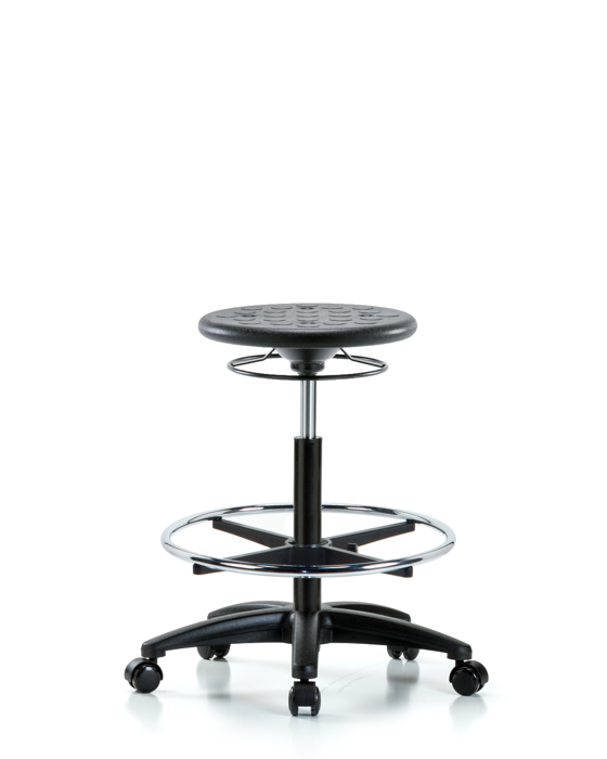 Blue Ridge Ergonomics IPHBSO-RG-CF-RC-BLK Huron Polyurethane Stool - High Bench Height with Chrome Foot Ring and Casters in Black Polyurethane