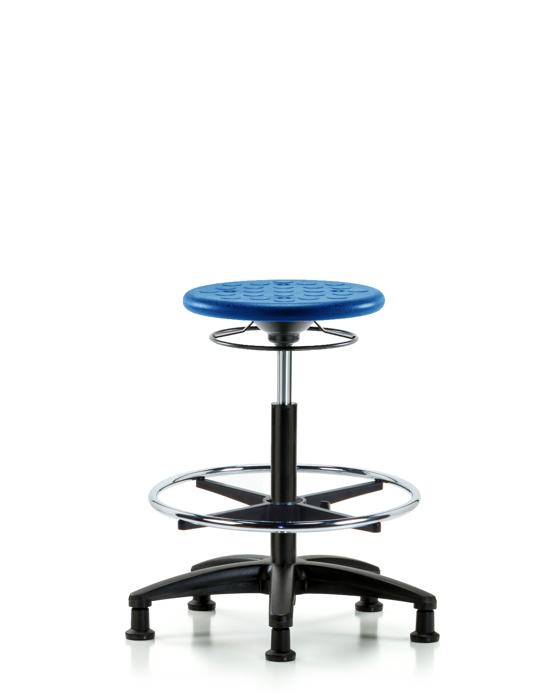 Blue Ridge Ergonomics IPHBSO-RG-CF-RG-BLU Huron Polyurethane Stool - High Bench Height with Chrome Foot Ring & Stationary Glides in Blue Polyurethane