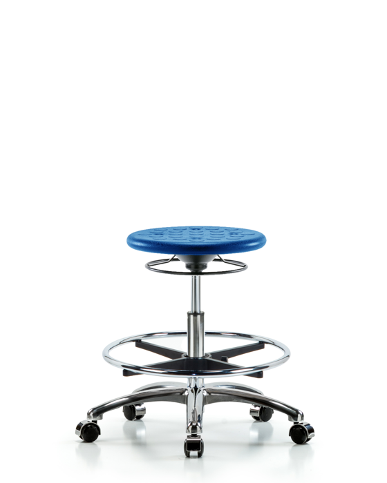Blue Ridge Ergonomics IPMBSO-CR-CF-CC-BLU Huron Polyurethane Stool Chrome - Medium Bench Height with Chrome Foot Ring & Casters in Blue Polyurethane