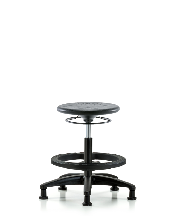 Blue Ridge Ergonomics IPMBSO-RG-BF-RG-BLK Huron Polyurethane Stool - Medium Bench Height with Black Foot Ring and Stationary Glides in Black Polyurethane