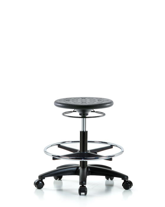 Blue Ridge Ergonomics IPMBSO-RG-CF-RC-BLK Huron Polyurethane Stool - Medium Bench Height with Chrome Foot Ring and Casters in Black Polyurethane