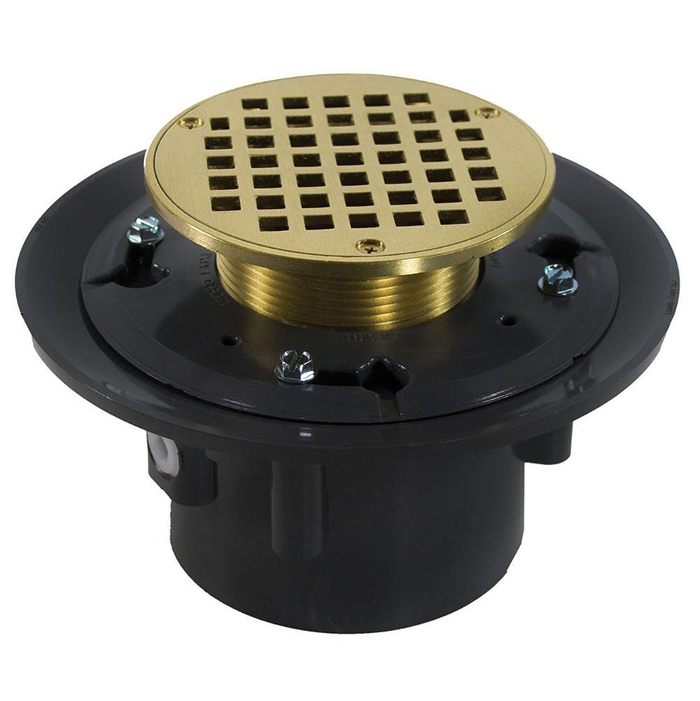 Jones Stephens D49055 2" x 3" Heavy Duty PVC Shower Drain with 3-1/2" Metal Spud and 5" Round Polished Brass Strainer