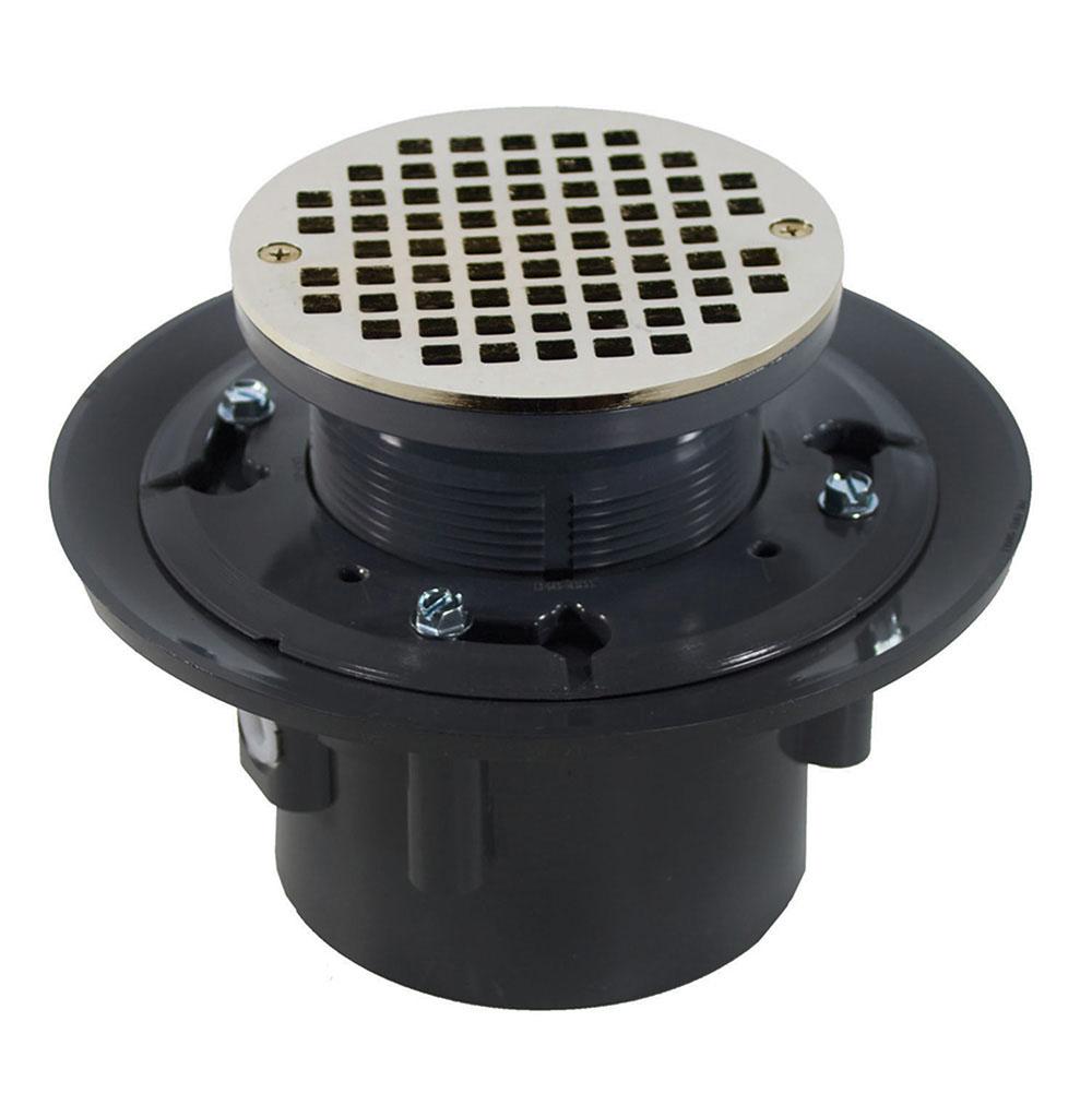 Jones Stephens D49243 4" Heavy Duty PVC Drain Base with 3-1/2" Plastic Spud and 6" Nickel Bronze Strainer