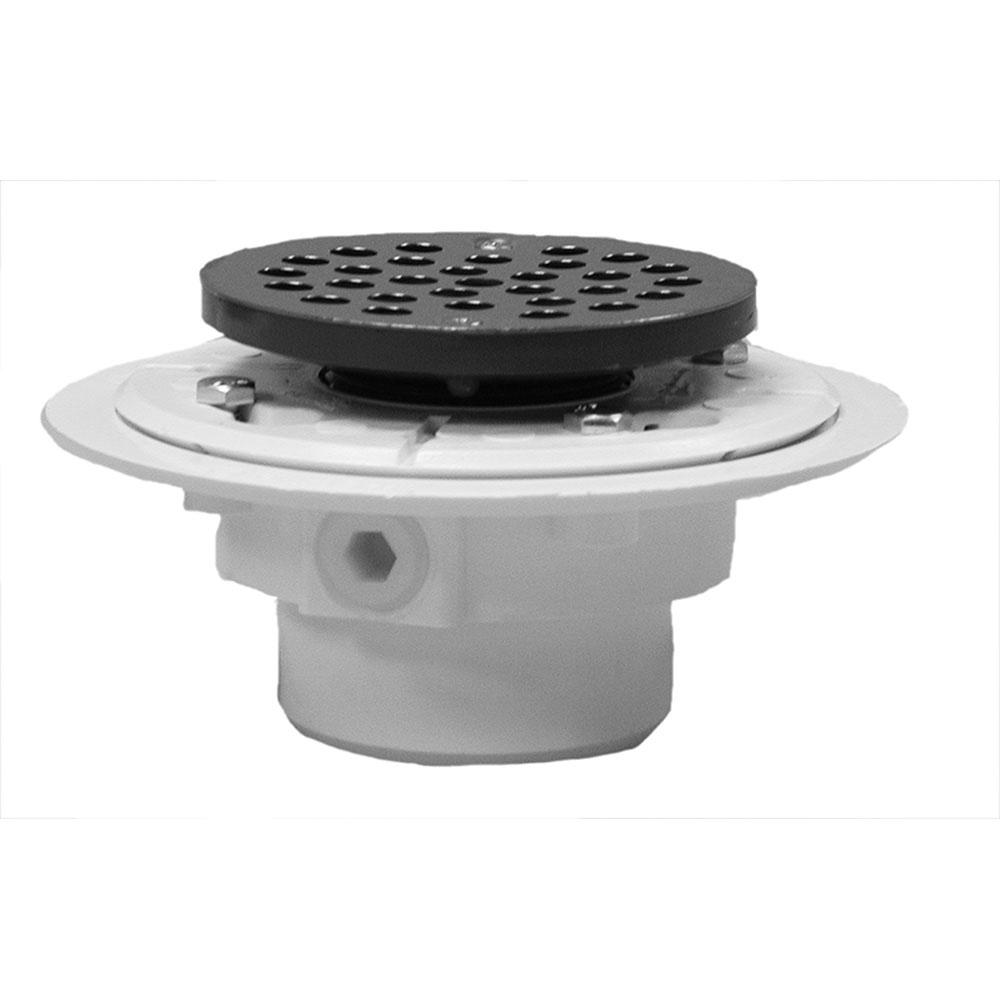 Jones Stephens D50122 2" x 3" PVC Shower Drain with 2" PVC Spud and 4" Round Polished Brass Cast Strainer, Primer Tapped